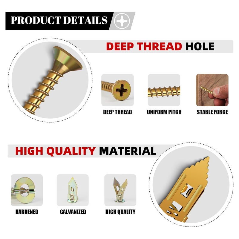 Magicave 200 Pcs Self Drilling Drywall Anchors with Screws Kit, Metal Expansion Bolt for Drywall,No Drill Or Holes in Wall, Holds Up to 100lbs, for Tv, Shelves, Picture Frames - Image 3